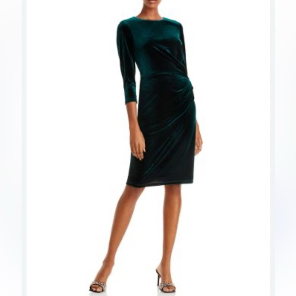 Eliza J Gathered Velvet Sheath Dress in Green.